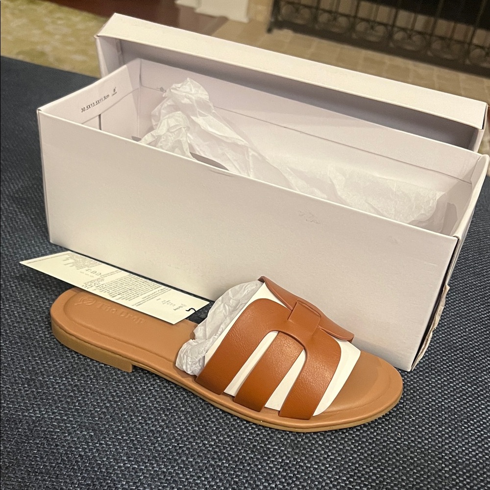Cognac and White Leather Slide Sandal - Women